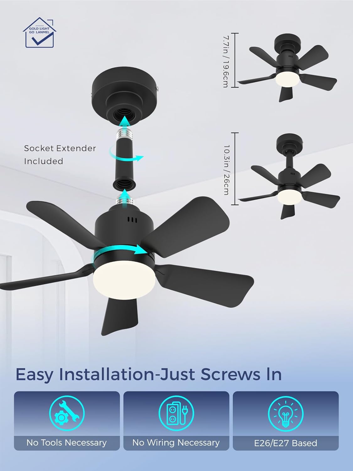 Illustration showing the simple screw-in installation process of the LANMEL Socket Fan Light into an E26/E27 socket, highlighting no tools or wiring needed.