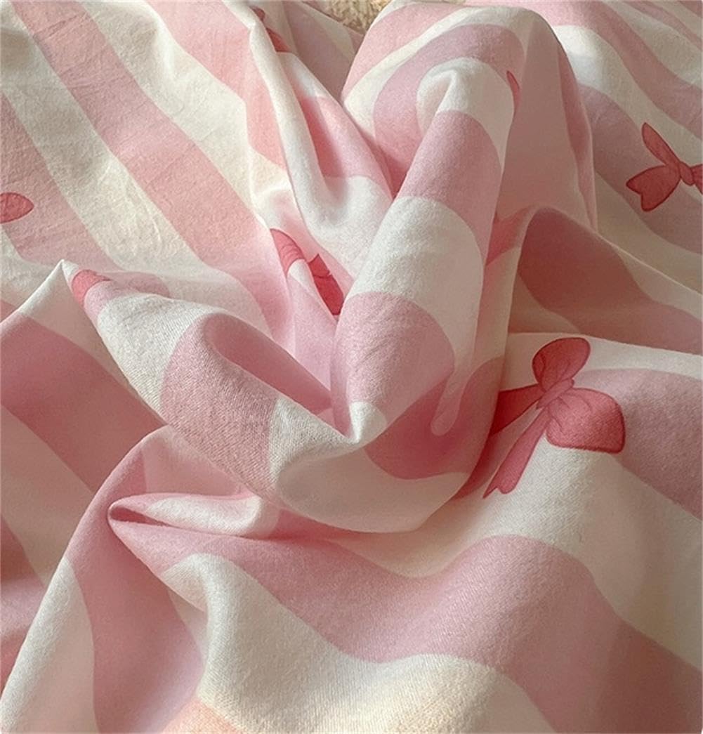 Striped Duvet Cover Queen Size Pink Bowknot Bedding Set with Zipper Closure, 3 Pieces Geometry Stripe Kawaii Bow Comforter Cover for Kids Girls