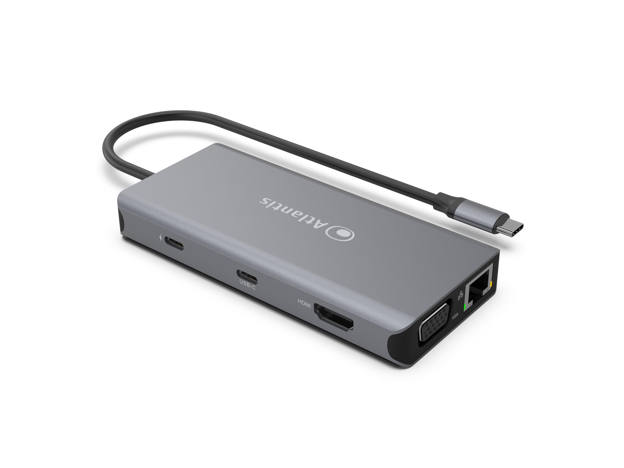 Atlantis Docking Station USB-C con HDMI 4K, VGA e LAN Gigabit, PD 85W | 3porte USB 3.0, 1 porta USB-C, audio IN/OUT 3,5 mm, lettore schede, cavo 18 cm, per notebook, cod. A04-TC_DK46