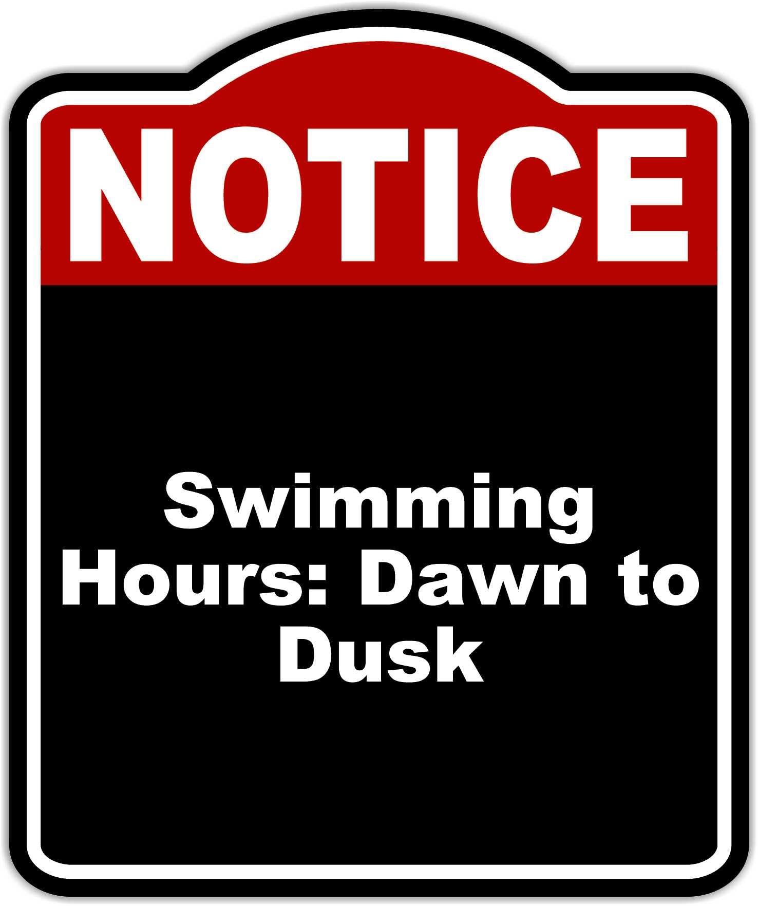 Swimming Hours Dawn to Dusk Notice Red Black Aluminum Composite Sign 15 x 18 inches