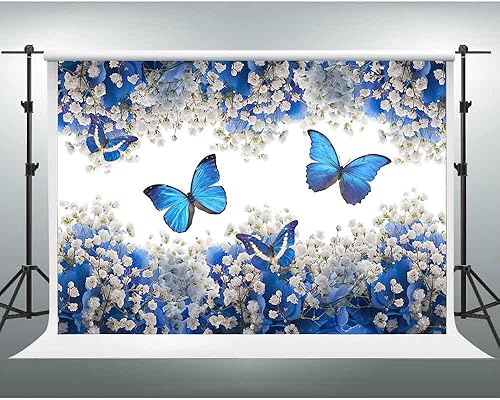 PGGE693 - Telón de fondo de mariposa de 7 x 5 pies, color blanco y rosa azul de gypsophila para fotografías temáticas de boda, decoración de fondo