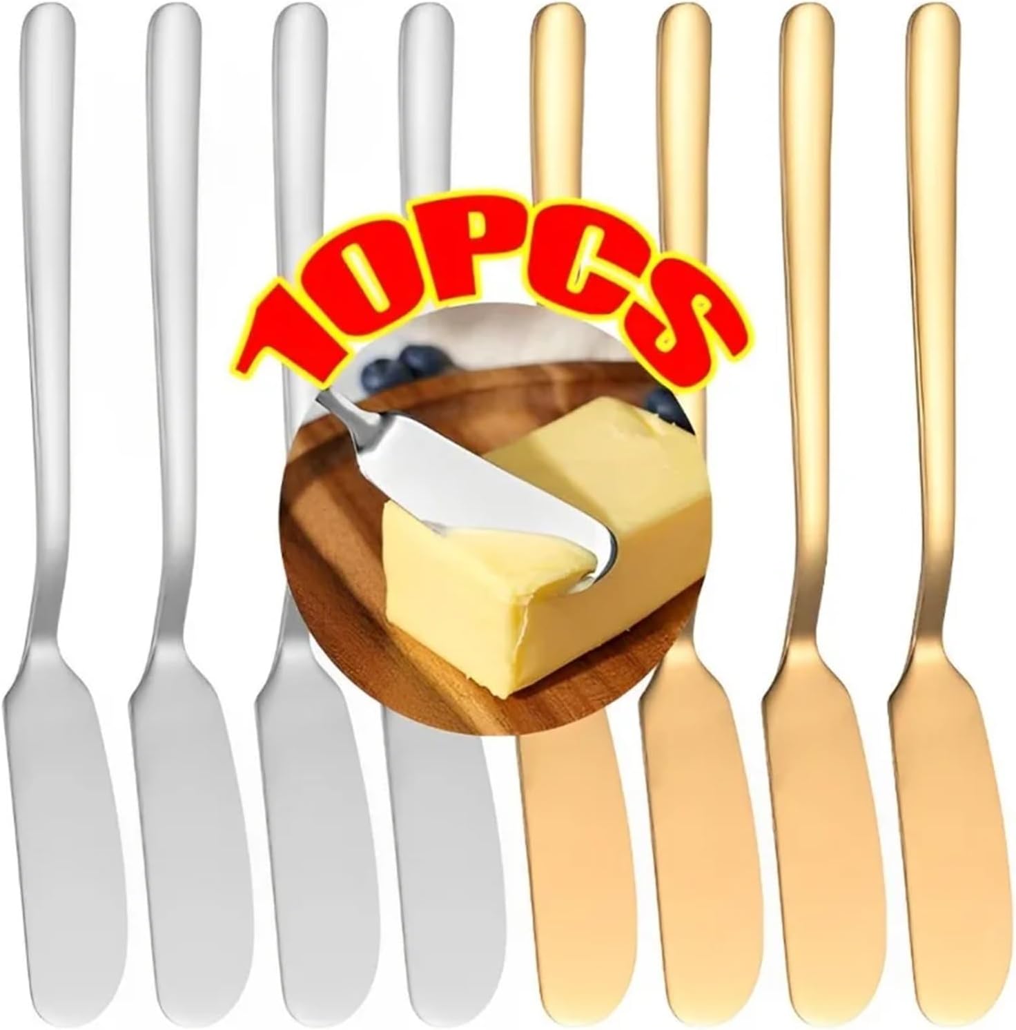 Fit for 10/1PCS Stainless Steel Butter Knife with Long Handle - Multifunctional Cheese, Bread, and Jam Cutter for Western Food Tableware(10PCS-Gold)