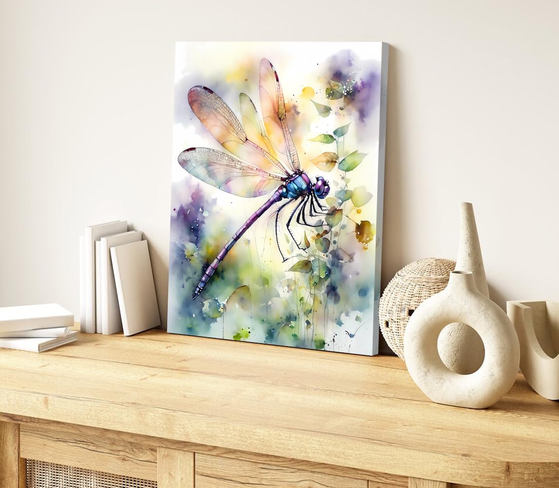 Framed Dragonfly Canvas Wall Art,Colorful Dragonfly Nursery Pictures Wall Decor,Botanical Watercolor Painting Print Artwork Insect Poster,for Bathroom Living Room Home Decor 12''x16''inch