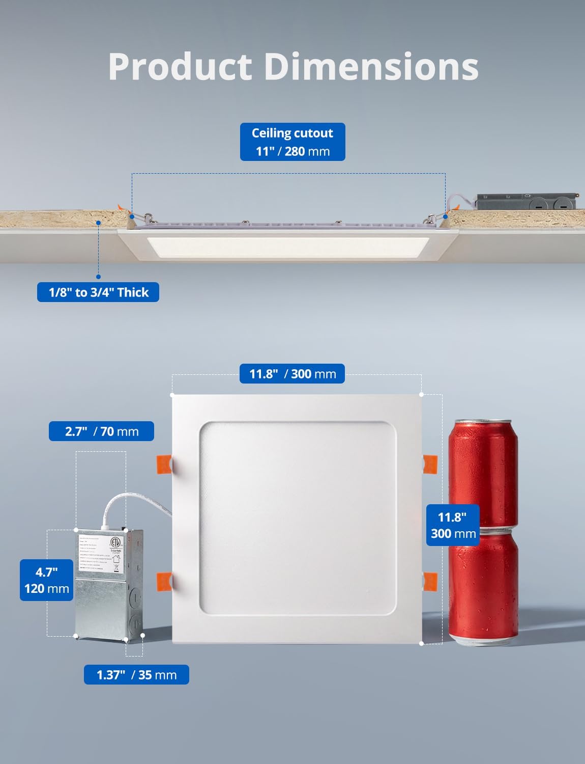 4 Pack 11 Inch Square LED Recessed Ceiling Light 5CCT 2700K - 5000K for Kitchen Retrofit, Ultra Thin Canless Wafer Downlight Damp Rated for Bathroom, 24W Dimmable 1920LM for Basement ETL FCC