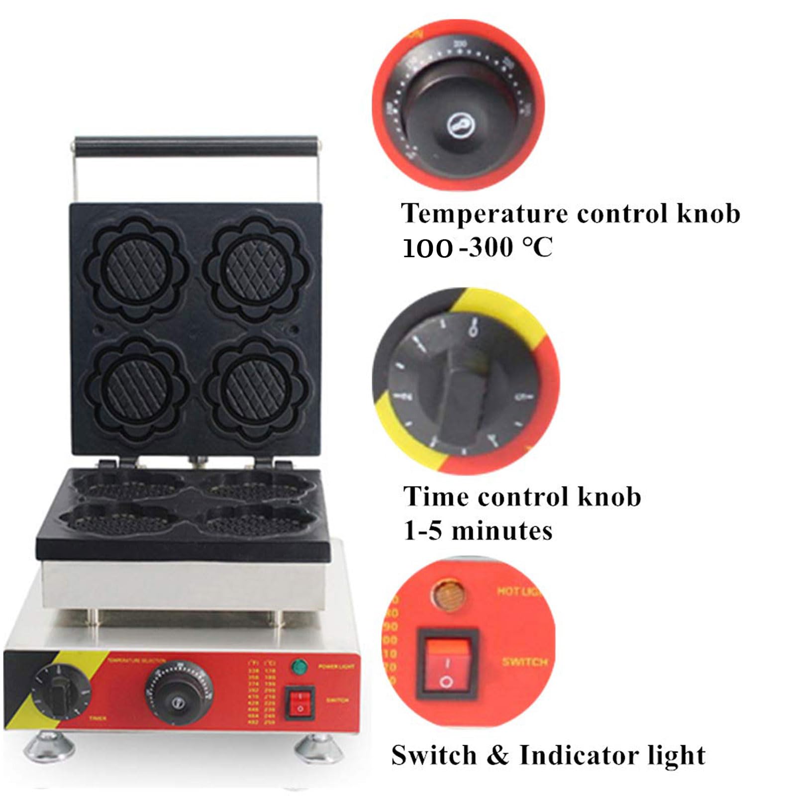 Piastra elettrica per Waffle a Forma di Fiore da 1500 W, Piastra per Waffle Professionale a Quattro fette con riempimento Profondo, Timer e Controllo della Temperatura, Macchina PE,