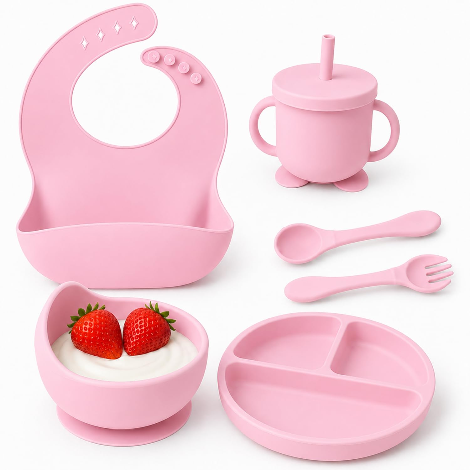 BabyGo 5 Pcs Silicone Baby Feeding Set Bpa-Free | Microwave Safe | Anti-Slip Base | Complete Tableware Kit for Babies & Toddlers with Suction Plate, Bowl, Cup, Spoon,Fork & Bib | (Pink)-image-47
