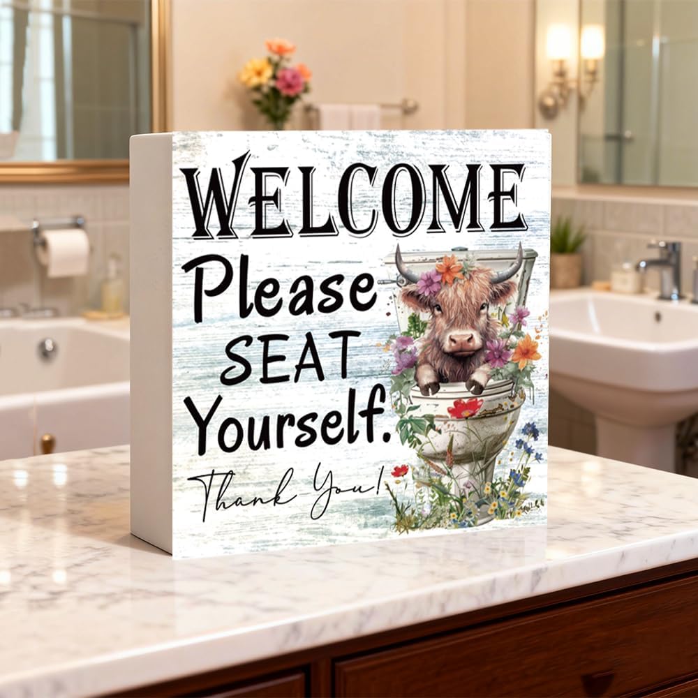 Funny Highland Cow Bathroom Sign, 5x5 Rustic Farmhouse Please Seat Yourself Wooden Decor for Western Cow Lovers, Restroom Accessories Housewarming Gift image 3