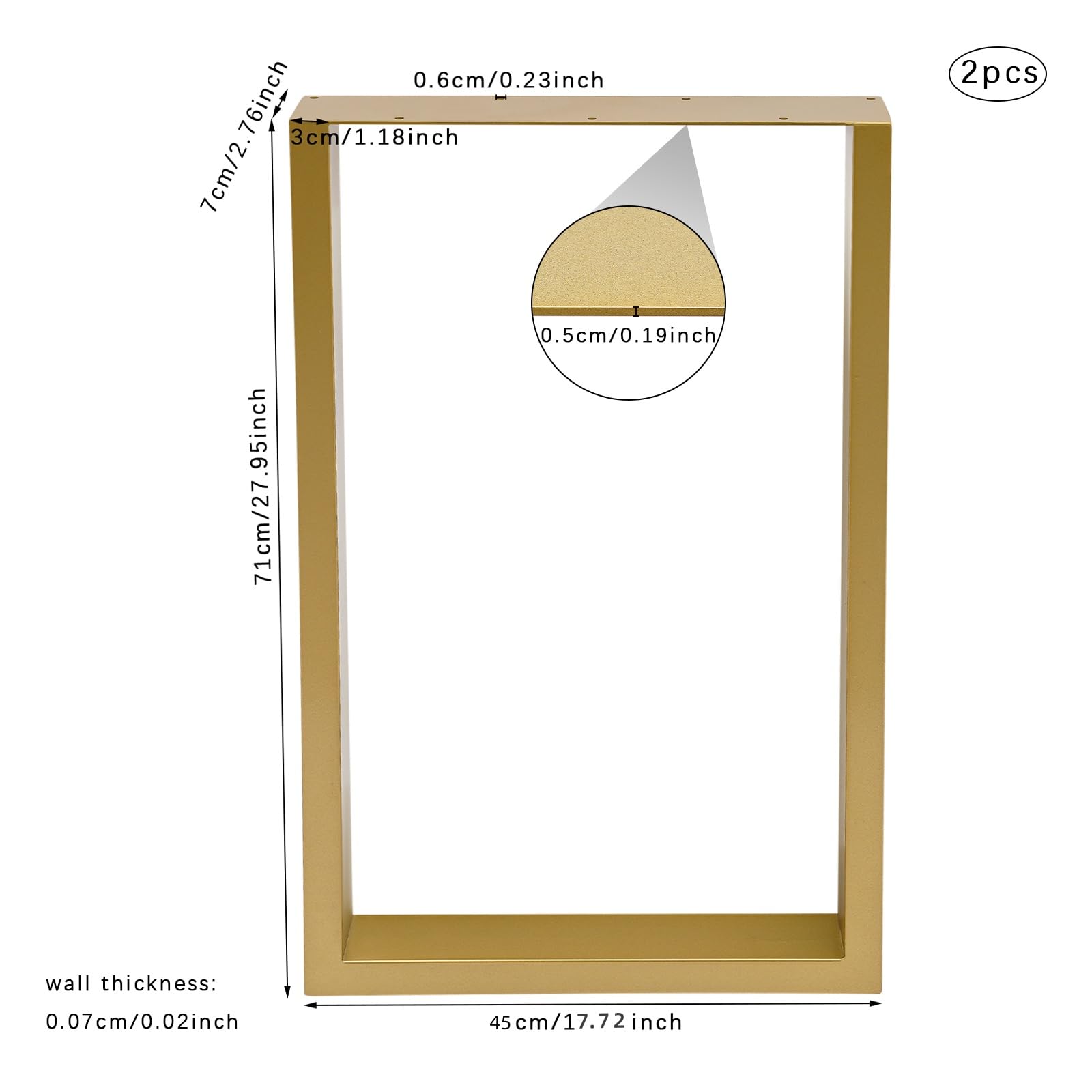 Lot de 2 Pieds de Table Acier Doré 71cm 3x6cm 200kg Bureau Industriel
