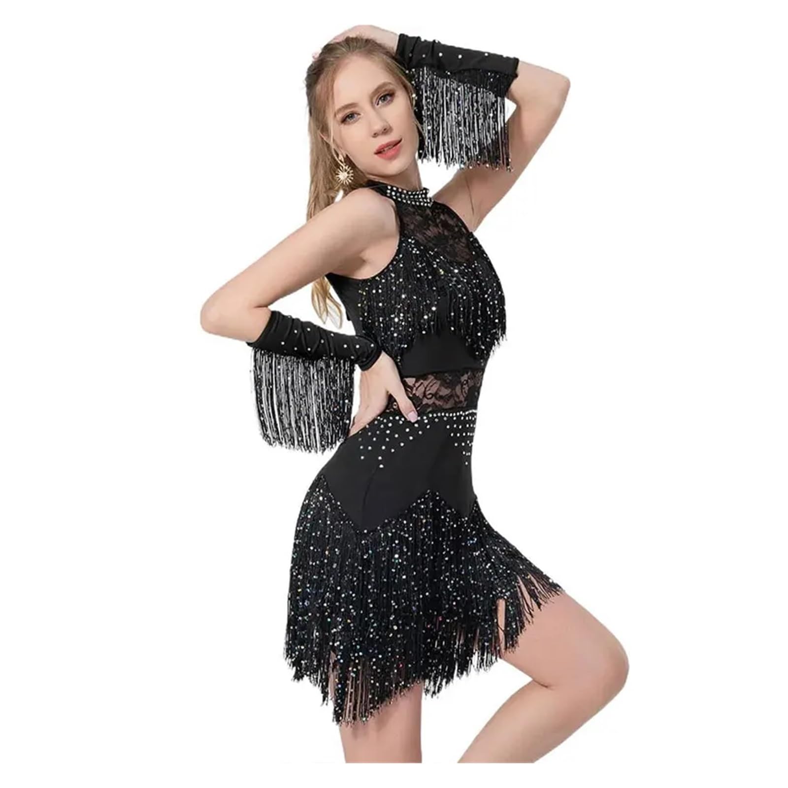 Lateinische Tanzkleidung Frauen Strass Spitze Latin Kleid Fransen Rock Ballsaal Salsa Samba Rumba Dancewear Party Bühne Kleidung Anzug und Armband(Red,M)