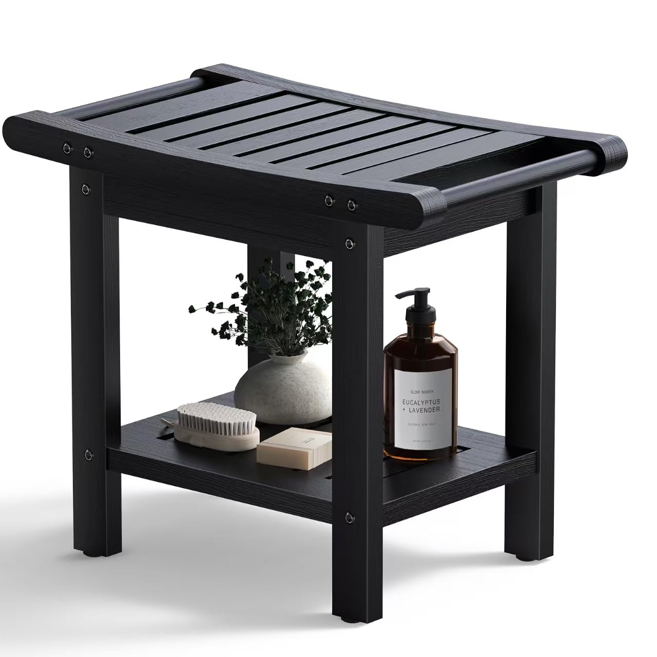 ACUEL HDPE Shower Bench Seat, Larger Size 22", Black Shower Benches for Inside Shower, Waterproof Shower Stool with Handles & Storage Shelf, Shower