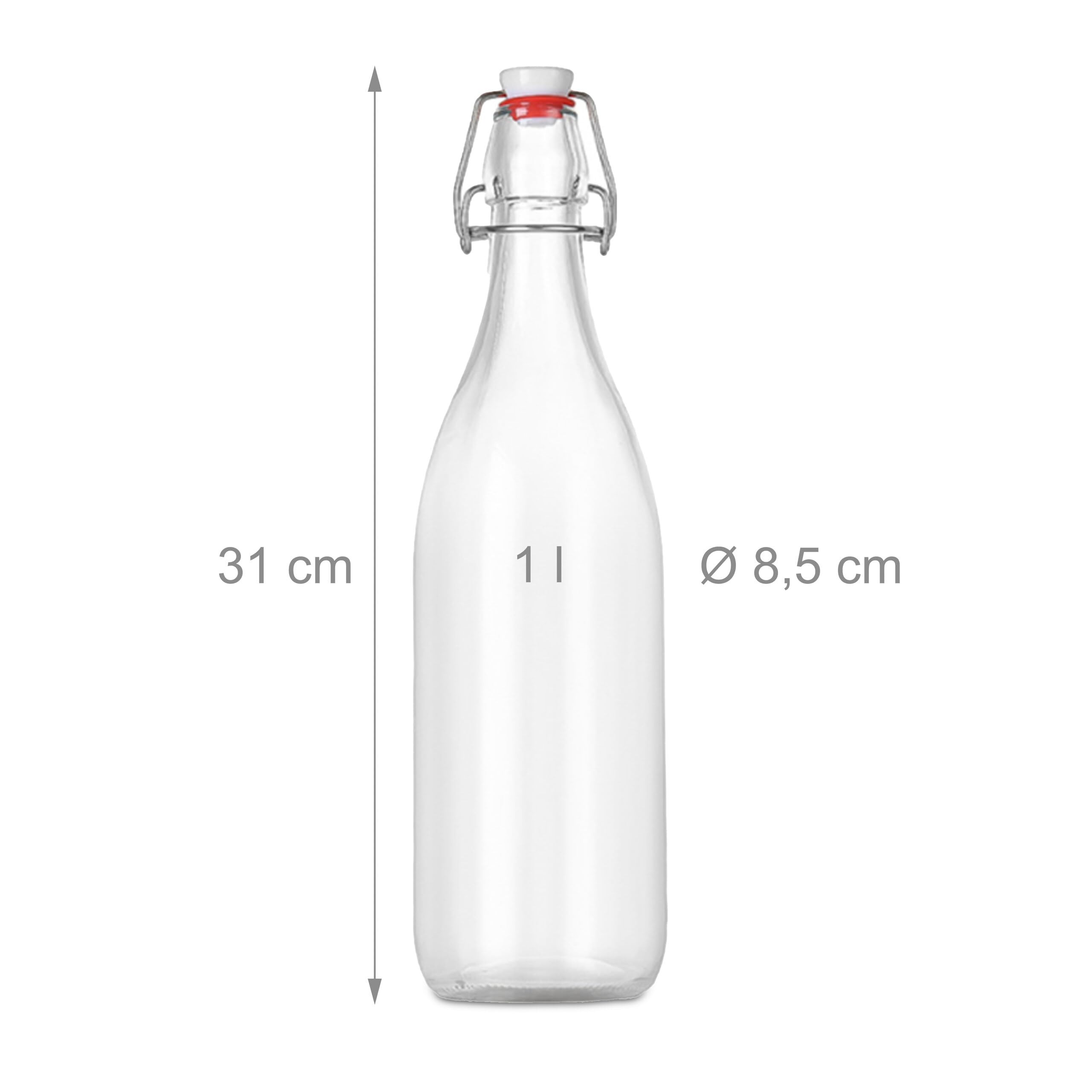 Botellas Relaxdays para Rellenar, Set de 6, 1 litro, Cierre de Clip, Vidrio para Aceite, vinagre, Licor, Zumo.