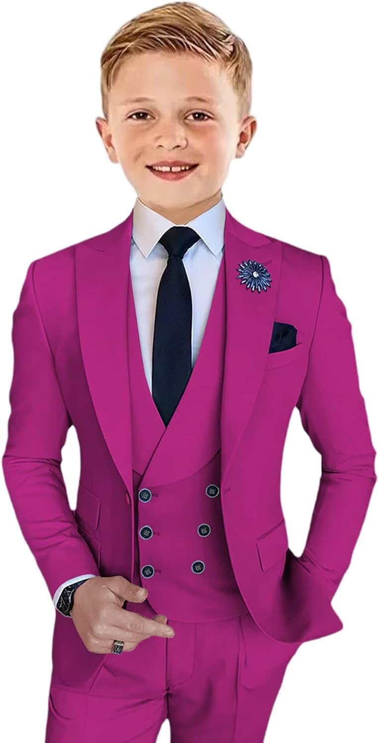 Boys 4-Piece Formal Suit, Blazer Vest Pants Set+ Matching Bowtie for Toddler First Communion Adjustable Waist