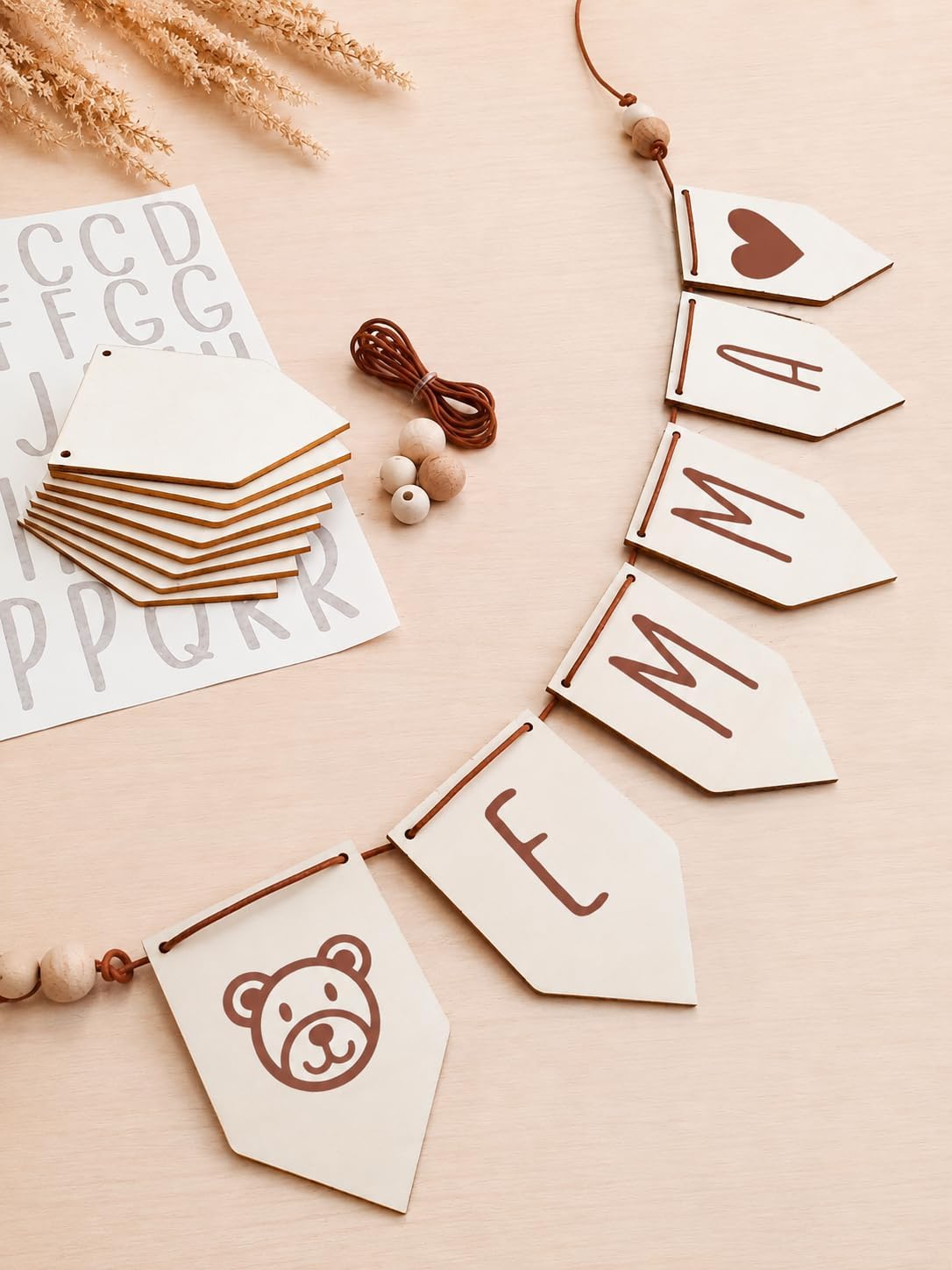 DIY Personalized Name Banner Craft Kit for Adults – Wooden Garland with Alphabet Stickers & Beads, Boho Wall Decor for Baby Room & Kids Room Decor, Baby Shower Gifz, New Baby Gift