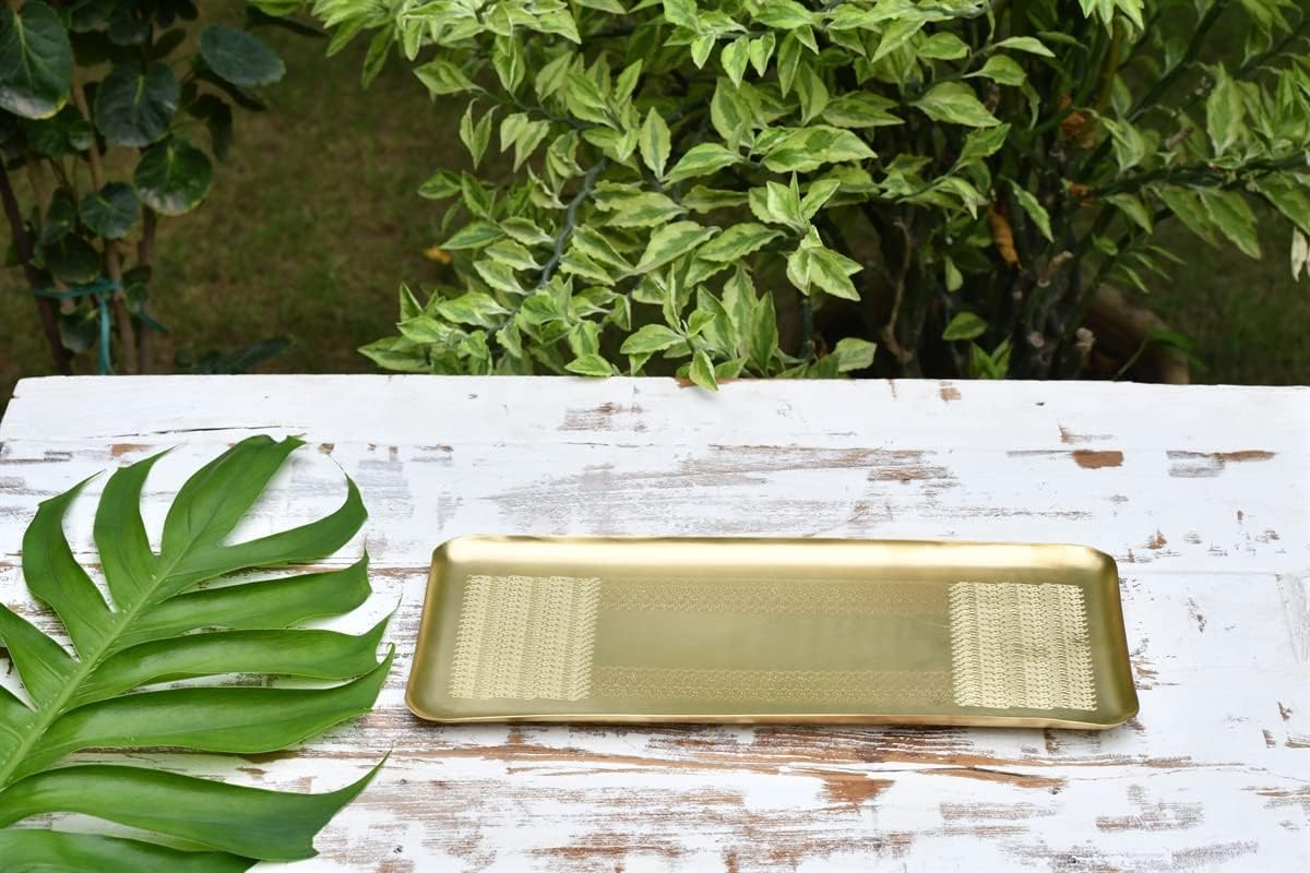 DeKulture Gold Rectangular Tray - Pure Brass, Antique Hand Etched, Home Decor (13x6)