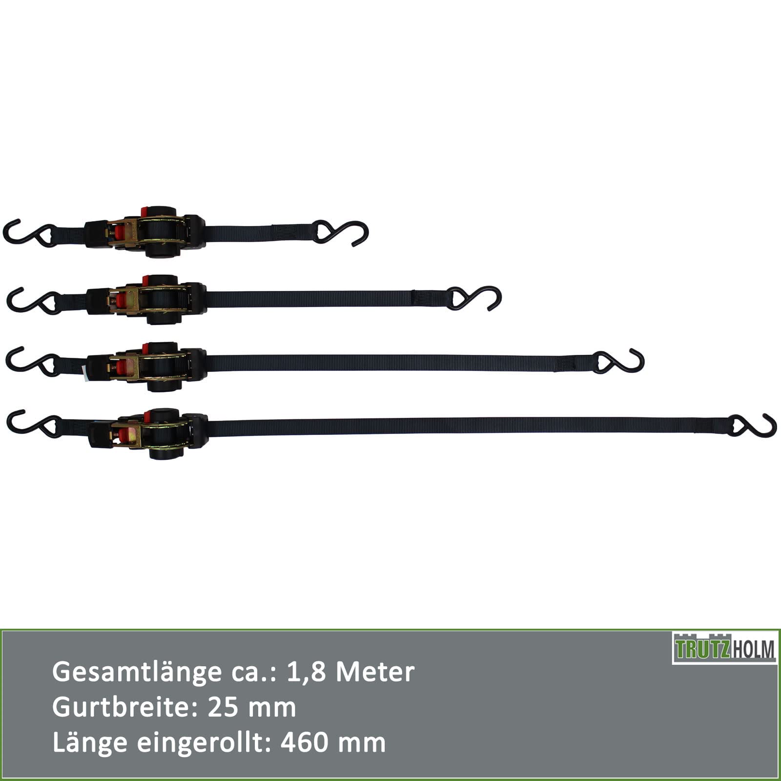 TRUTZHOLM 4X Automatik Spanngurt selbstaufrollend 1,8 m x 25 mm mit S-Haken, Zurrgurt Set 320/640 daN für Anhänger, Motorrad, PKW & Ladungssicherung