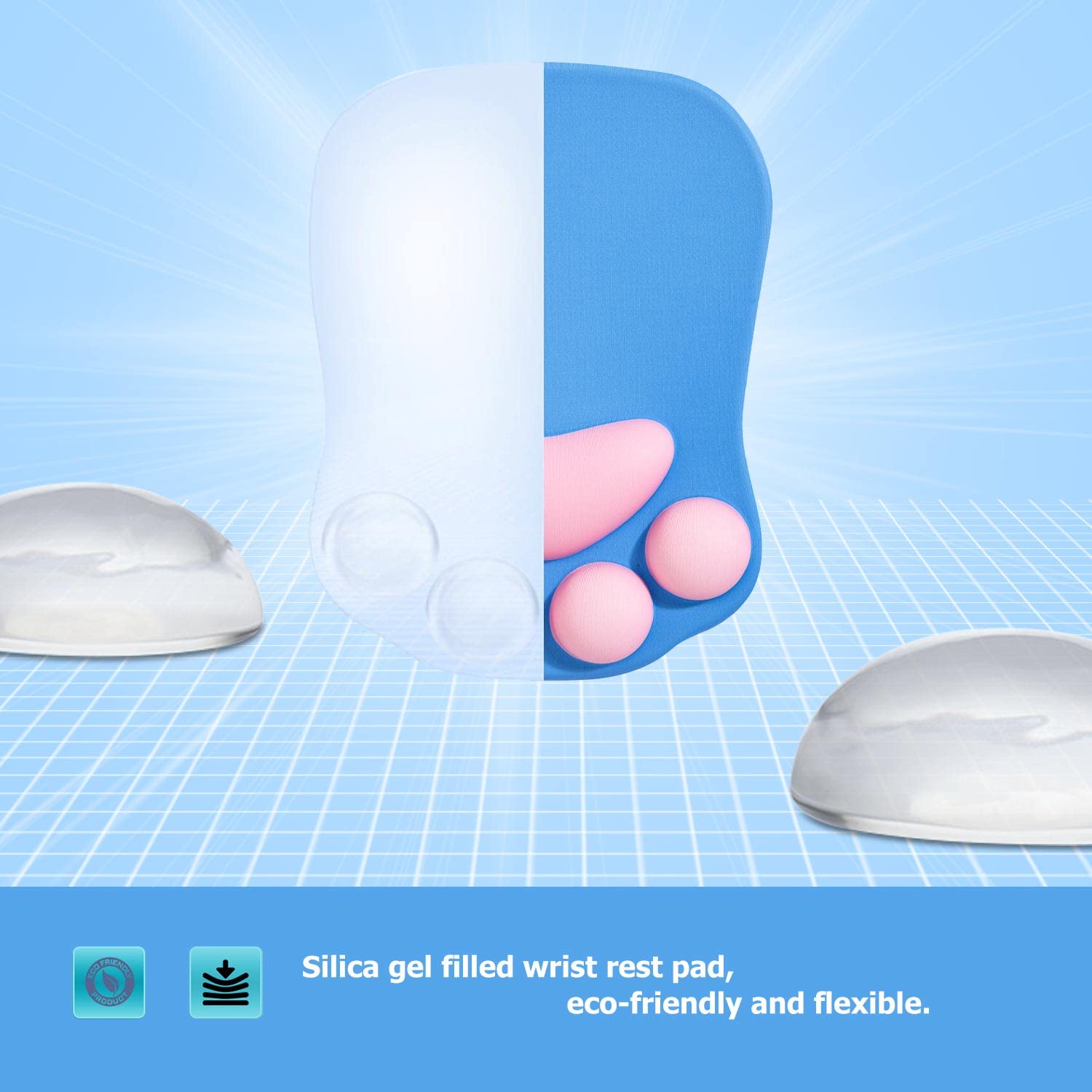Tappetino Mouse con Poggiapolsi, Mouse Pad Ergonomico, Tappetino per Mouse con Zampa di Gatto Carino, in Morbido Silicone, Base Antiscivolo, per casa/ufficio/gioco, Blu e Rosa