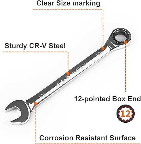 Miniatura 106 de Egofine Llave combinada de trinquete de 7/16 pulgadas SAE, llave de engranajes de grado industrial con diseño de 12 puntos, trinquete de 72 dientes