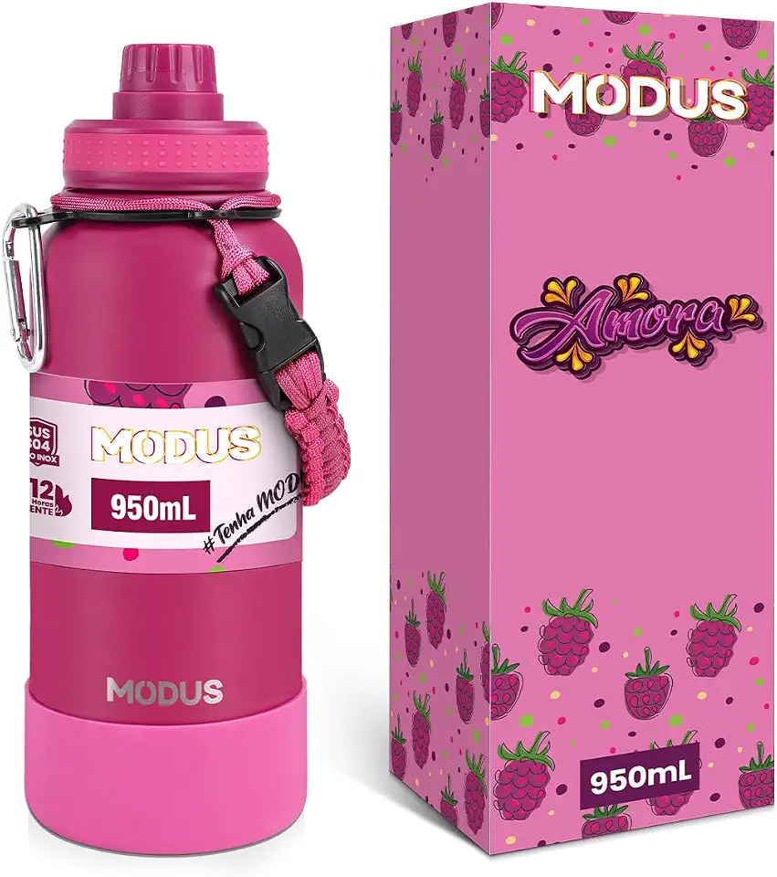 MODUS 950mL Garrafa de Água Térmica Esportiva Inox Isolada a Vácuo com Base Emborrachada Anti Derrapante (Gradiente Rosa-Vermelho)