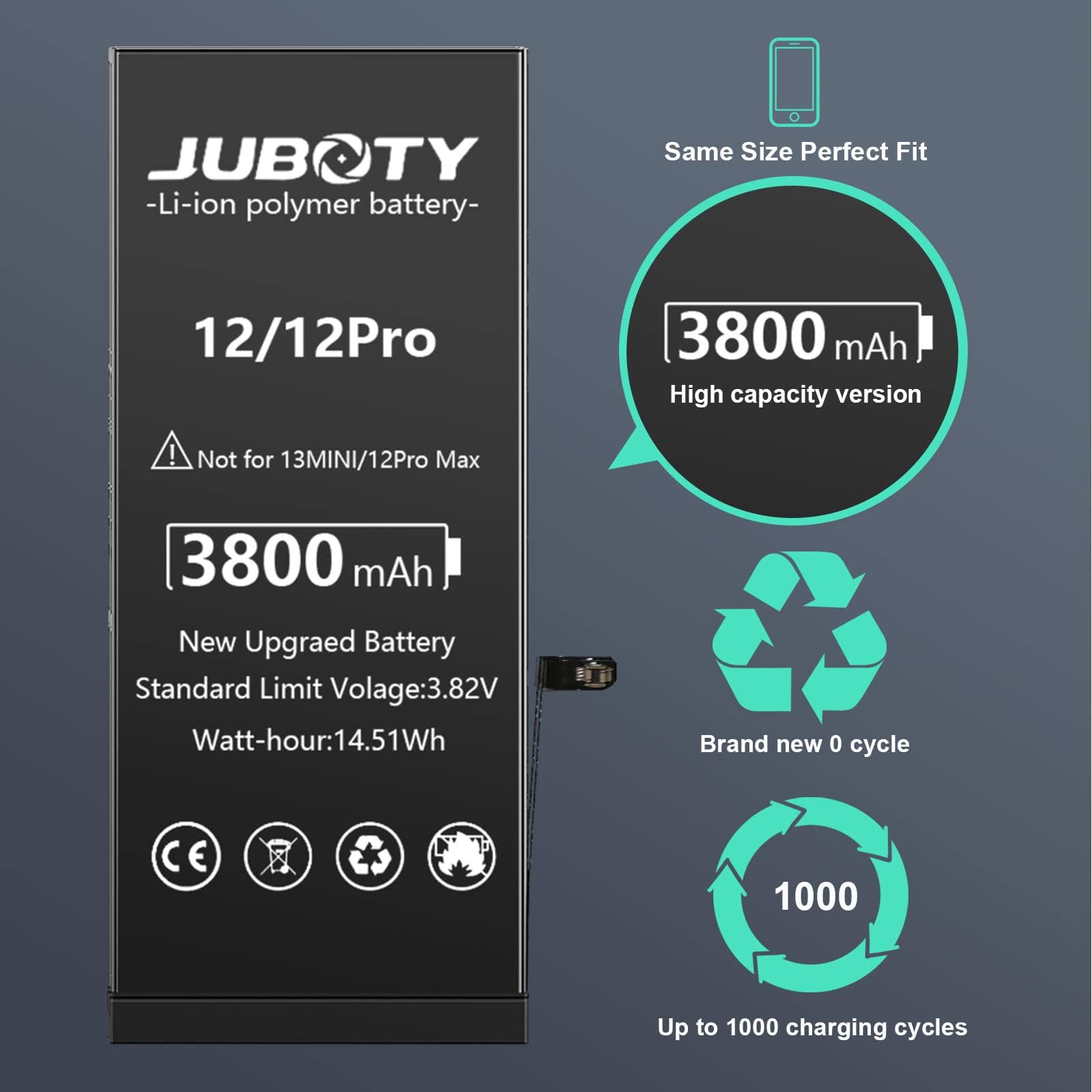 JUBOTY 3800mAh Battery for iPhone 12/12Pro, Lithium Ion New Upgrade High Capacity Battery Replacement for iPhone 12/12Pro with Professional Repair Tool Kit