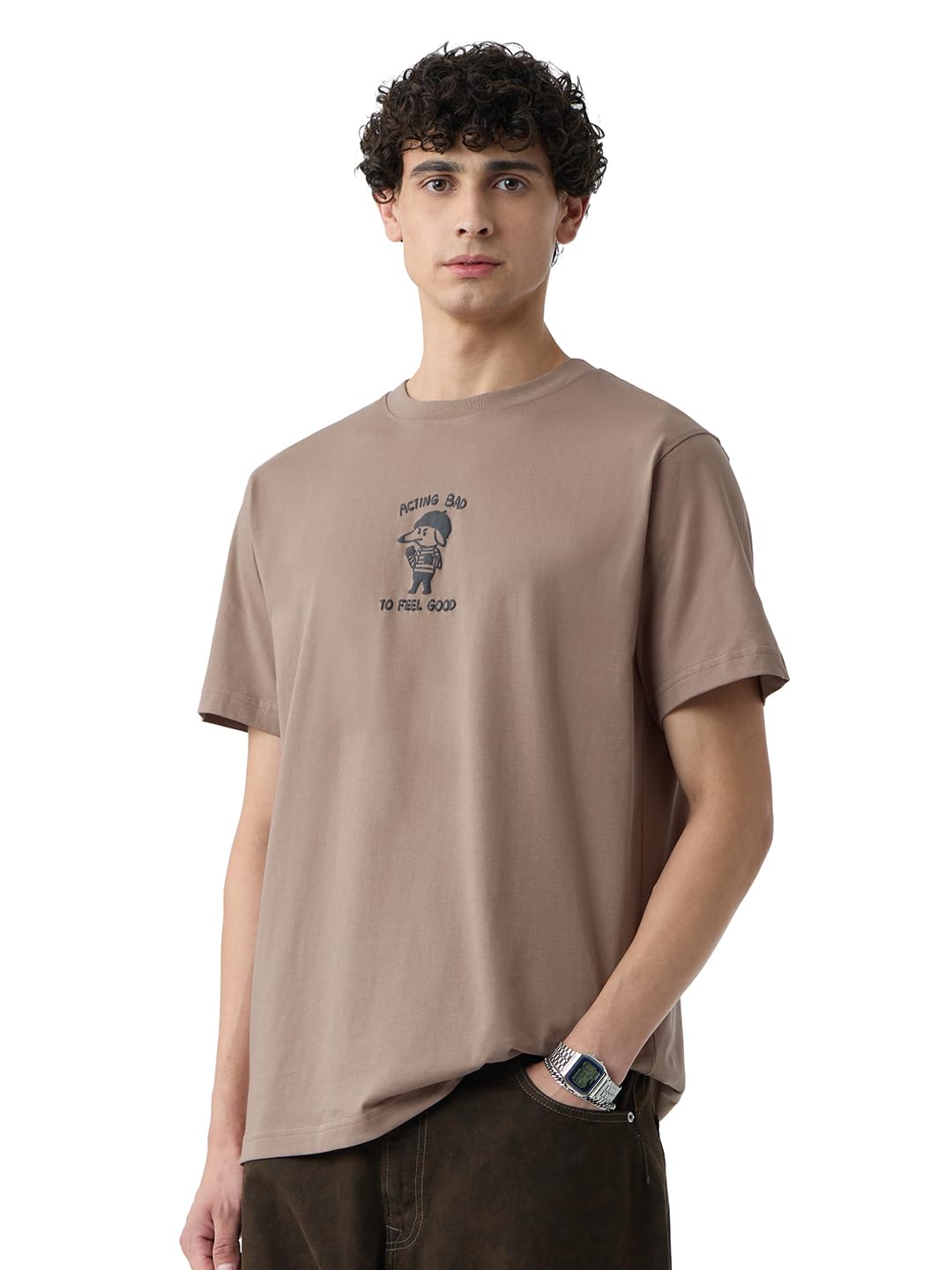 The Souled Store Relaxed T-Shirt: Acting Bad Men and Boys Short Sleeves Round Neck Brown Graphic Printed Cotton Relaxed Fit T-Shirts in brown