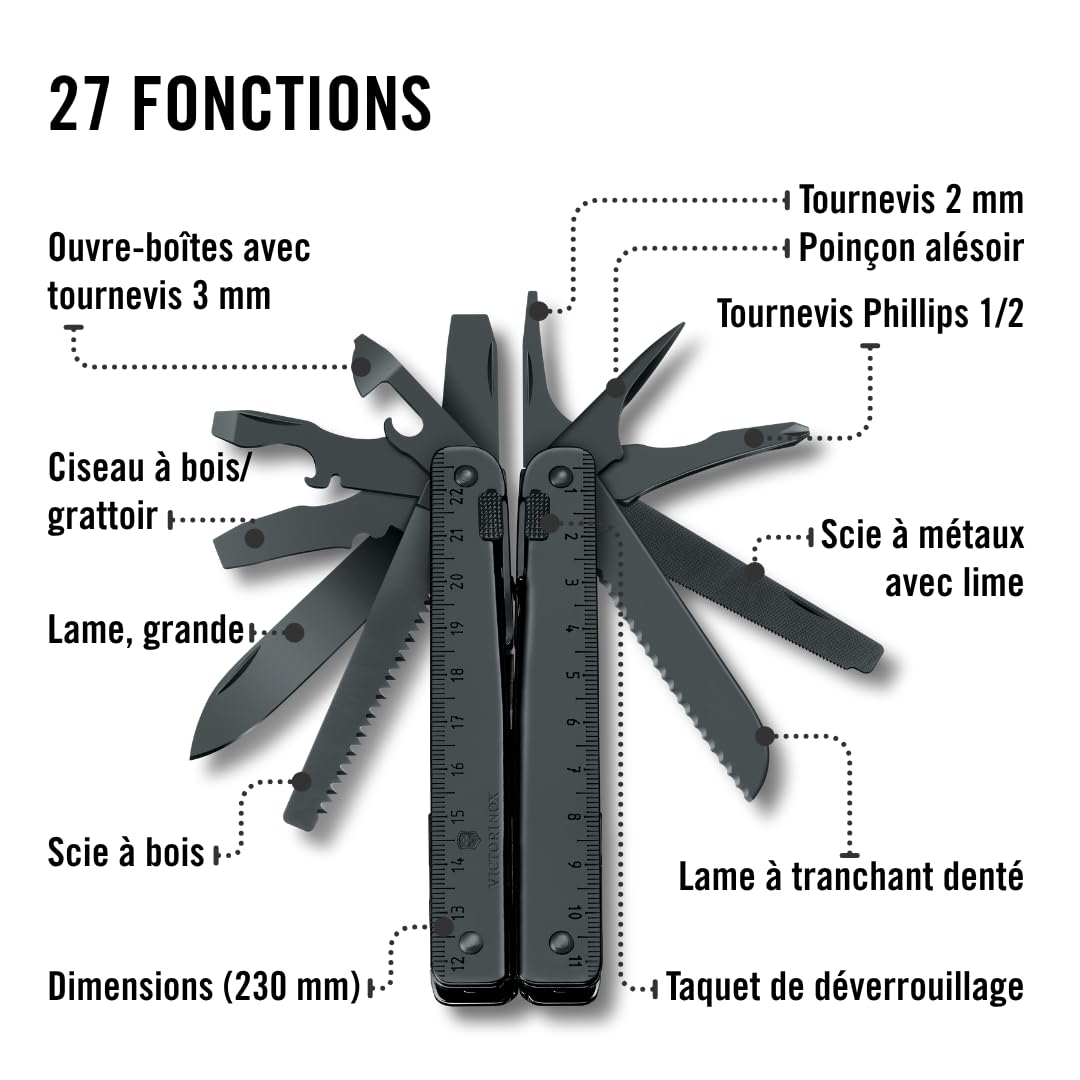 Victorinox Swiss Tool Spirit Bs, Couteau de Poche Suisse, Multitool, Couteau Multifonction de 29 Fonctions, Lame Fixe, Etui, Noir