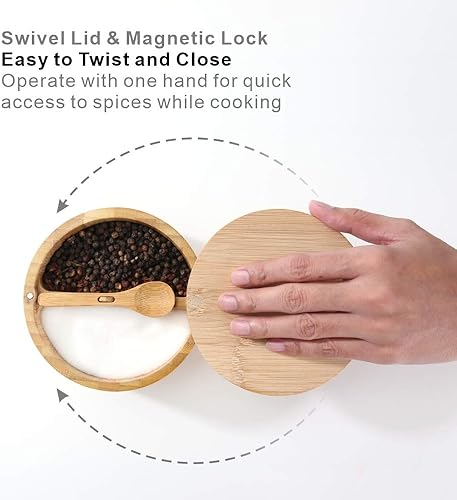 Miniatura 4 de KITCHENDAO Caja de cuenco de sal y pimienta de bambú, doble capacidad de 7 onzas y sótano de sal de bambú, 6 onzas