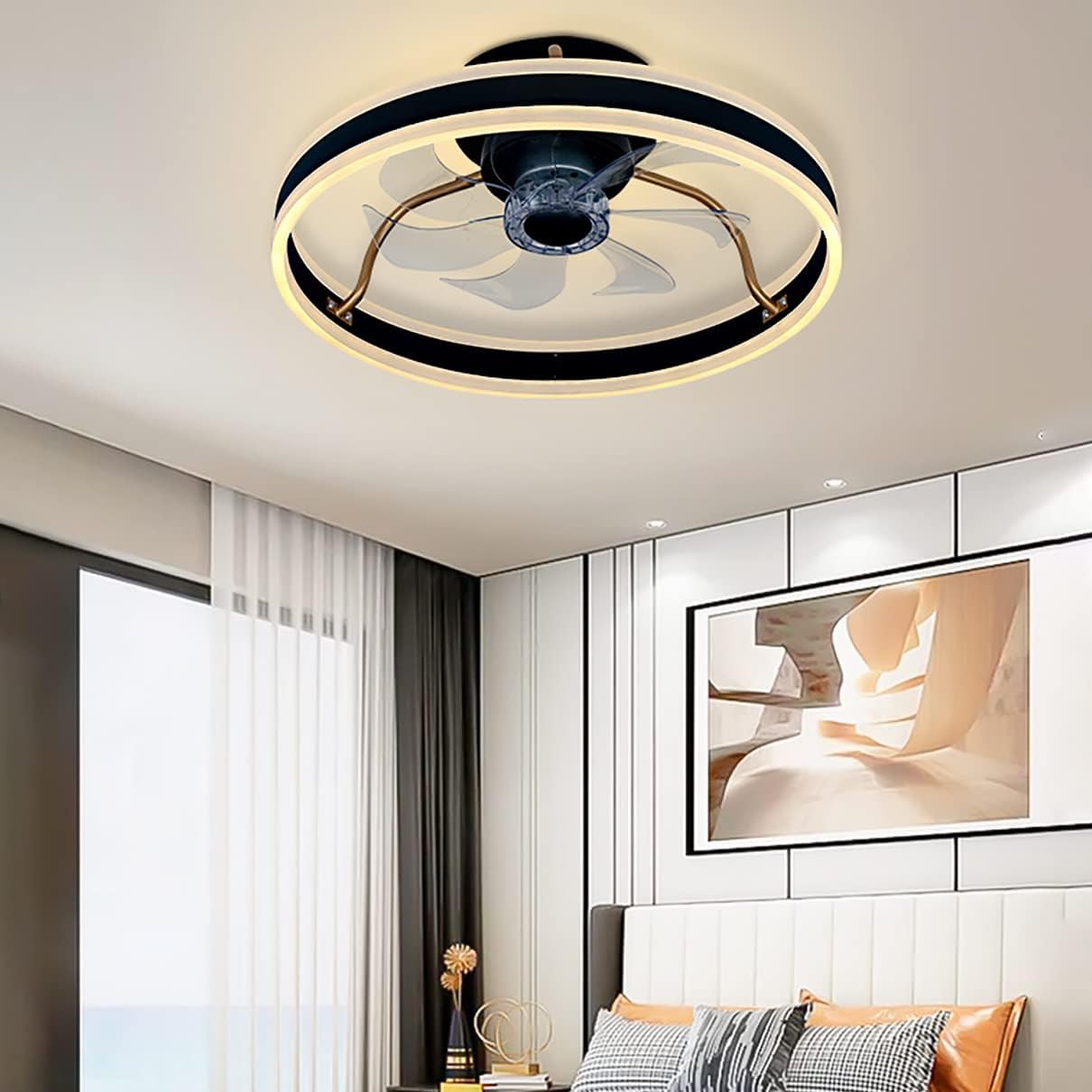 YUEGOO Led Fan with Ceiling Light,3 Colors Dimmable with Remote Control Silent Indoor Bedroom 3 Speed Small Fan Ceiling Lights with Timer Dining Room Lounge Fan with Ceiling Light/Black