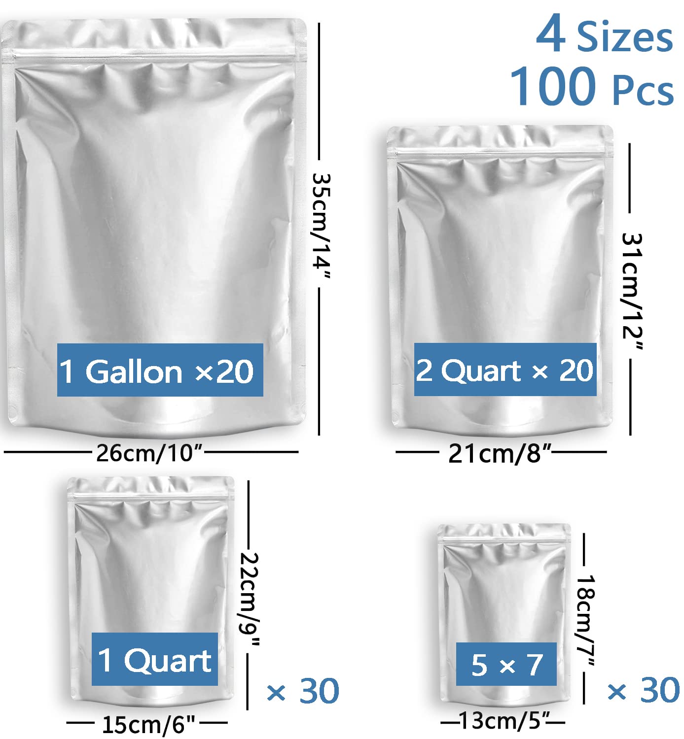 100 Pieces 4 Sizes Mylar Bags Variety Pack, 5 Mil Mylar Bags for Food