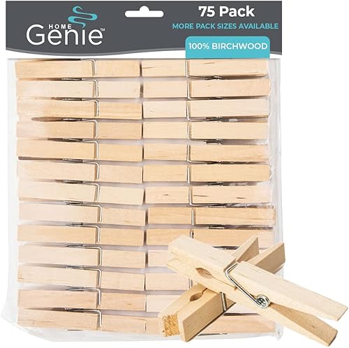 Home Genie Pinzas grandes de madera de 2.9 pulgadas, paquete de 75 pinzas de madera de abedul natural, resistentes al óxido y a la humedad,
