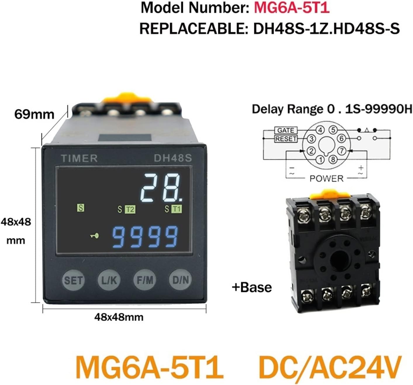Product DH48S DC/AC24V AC220V Programmable Delay Relay 0.01S-99990h with Socket Base Series Time 1Pcs(MG6A-5T1-24V ACDC)