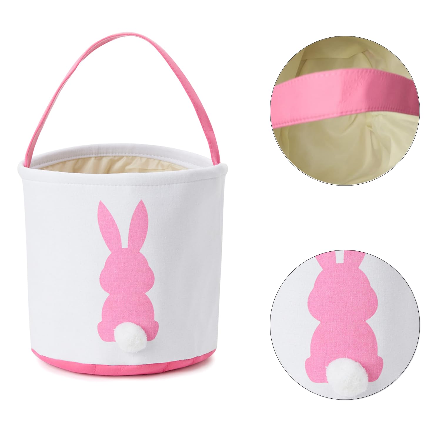 Easter Bunny Basket Easter Bucket Egg Hunt Basket For Kids, Canvas Rabbit Print Basket W. Fluffy Tail, Candy Egg Toy Easter Basket Tote W. Handle (Pink New Blue New
