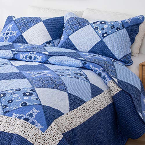 Blue Patchwork Quilt Set Queen Size Floral Reversible Quilted Bedspread Coverlet Set 3-Piece Lightweight Comforter Stitched Quilt Bedding Set Bed Sheet Cover Blanket With 2 Pillow Shams For All Season #TOP3