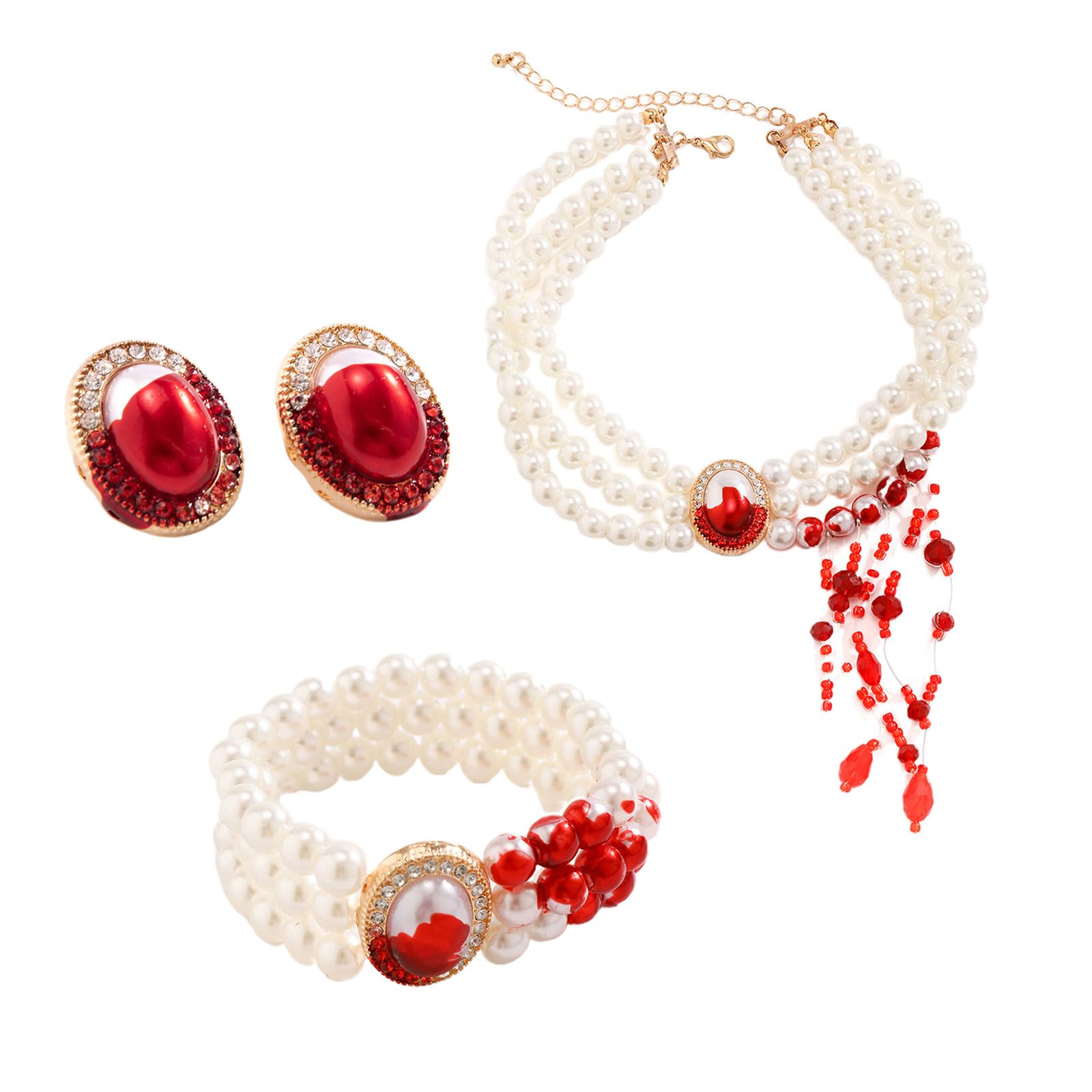 Set Bijoux Gothique Halloween ZYMIADOU - Collier Ras Du Cou Goutte De Sang + Bracelets + Boucles D'Oreilles - Accessoire De Fête Pour Femme