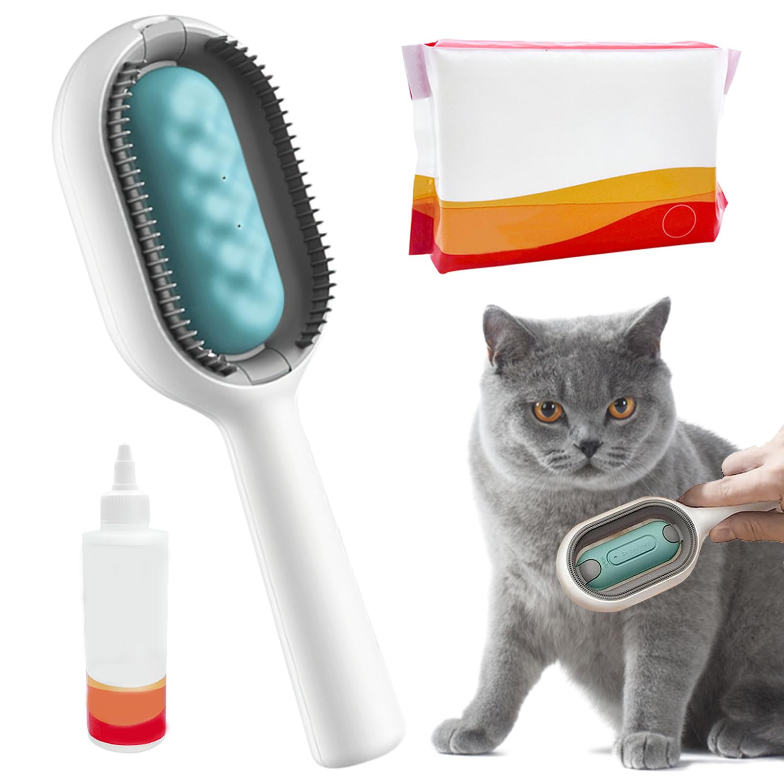 Sporgo 4 en 1 - Peine para depilación de animales con depósito de agua, cepillo de limpieza universal para pelo de animales con toallitas húmedas, cepillo multifuncional para el pelo de gato, cepillo