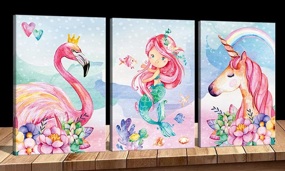 Unicorn Wall Decor Mermaid Flamingo Inspirational Framed Wall Art Prints Pink Horse Flower for Living Room Girls Room Decoration Pink Home Wall Decoration Girls Room Kids Bedroom Gift 3 Panels