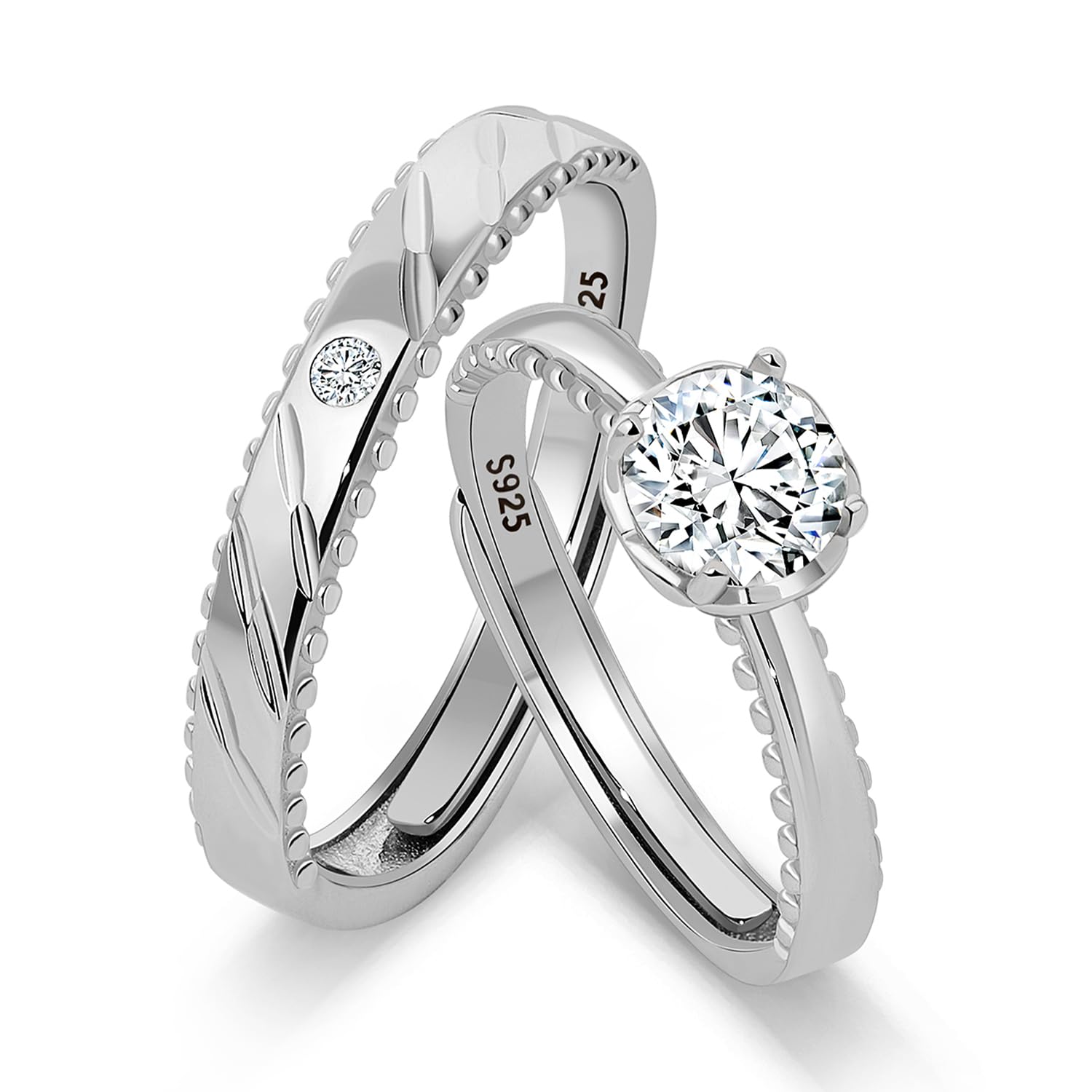 Meissa Alianzas de Plata para Pareja Anillos de Compromiso Ajustables para Hombres y Mujeres Plata de Ley 925 con Circonita 0,5ct Juego Nupcial Regalo San Valentín Boda (Juego de dos anillos)