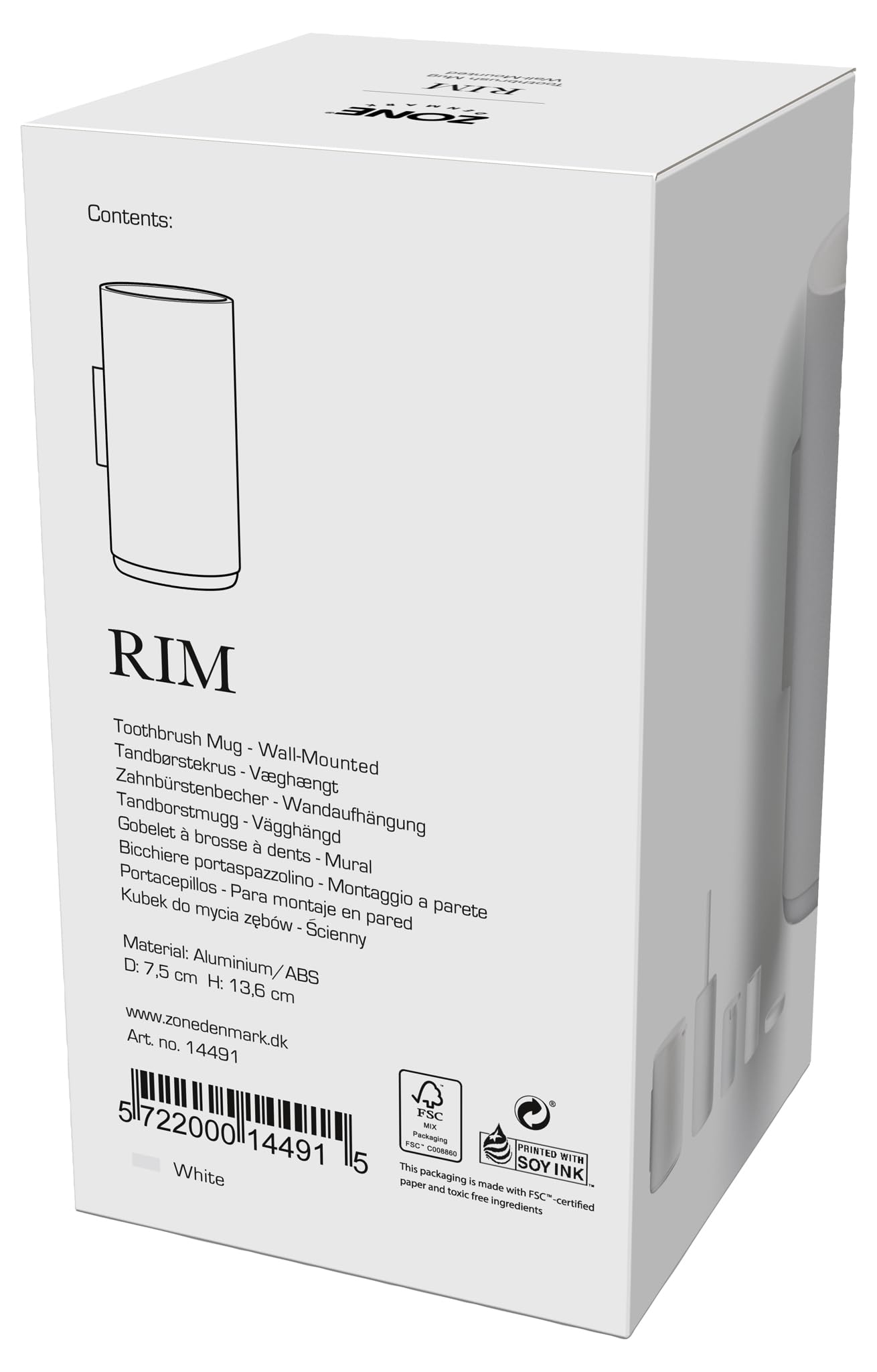 Zone Denmark Rim - Vaso para Cepillo de Dientes de Pared, 7 x 13,6 cm, Color Blanco