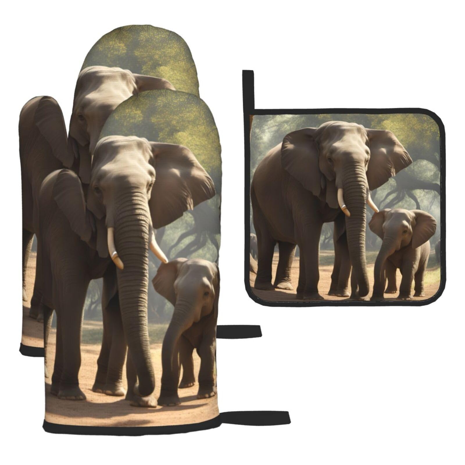 Elephant Print Oven Mitts Kitchen Gloves Set Everyday Baking Grilling Microwaving Cooking Gift