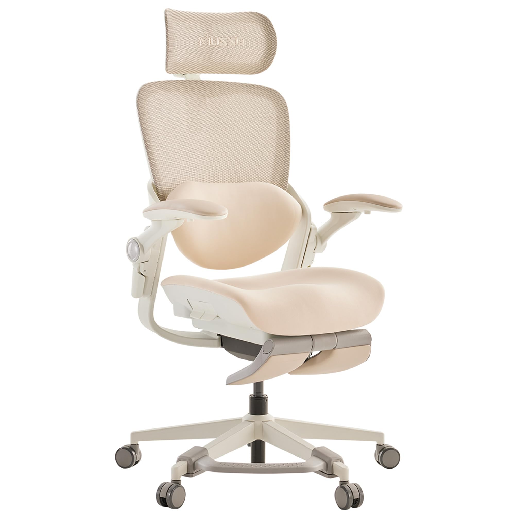 MUSSO E80 Muse FemmePosture™ Ergonomisk kontorsstol för kvinnor – 135° lutning och 3D-ländryggsstöd, 17 cm 4D-nackstöd, utdragbart fotstöd, sittdjup/höjdjustering, justerbara armstöd (beige) - Beige