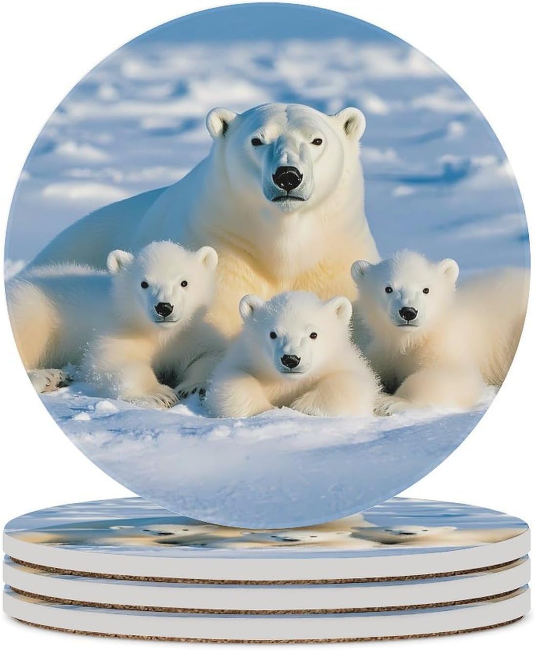 Polar Bear Family Rest Time Round Ceramic Coasters for Drinks Absorbent Cup Holder Tabletop Protector with Cork Base