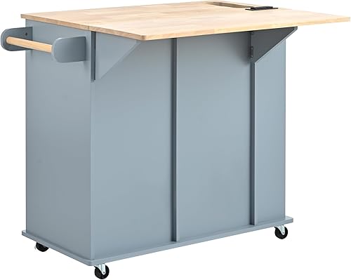 Miniatura 9 de Carrito de isla de cocina con hoja de caída y parte superior de madera de goma, isla de cocina móvil rodante en 5 ruedas con toma de corriente,