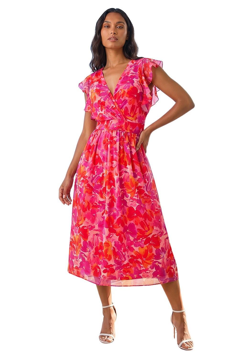 Roman Originals Women's Orange Floral Roman Frill Dress For Uk Summer Wrap Chiffon Frill Hem Layered Belted Midi Maxi Tiered Cape Special Occasion Fit & Flare Wedding Guest Swing Skater