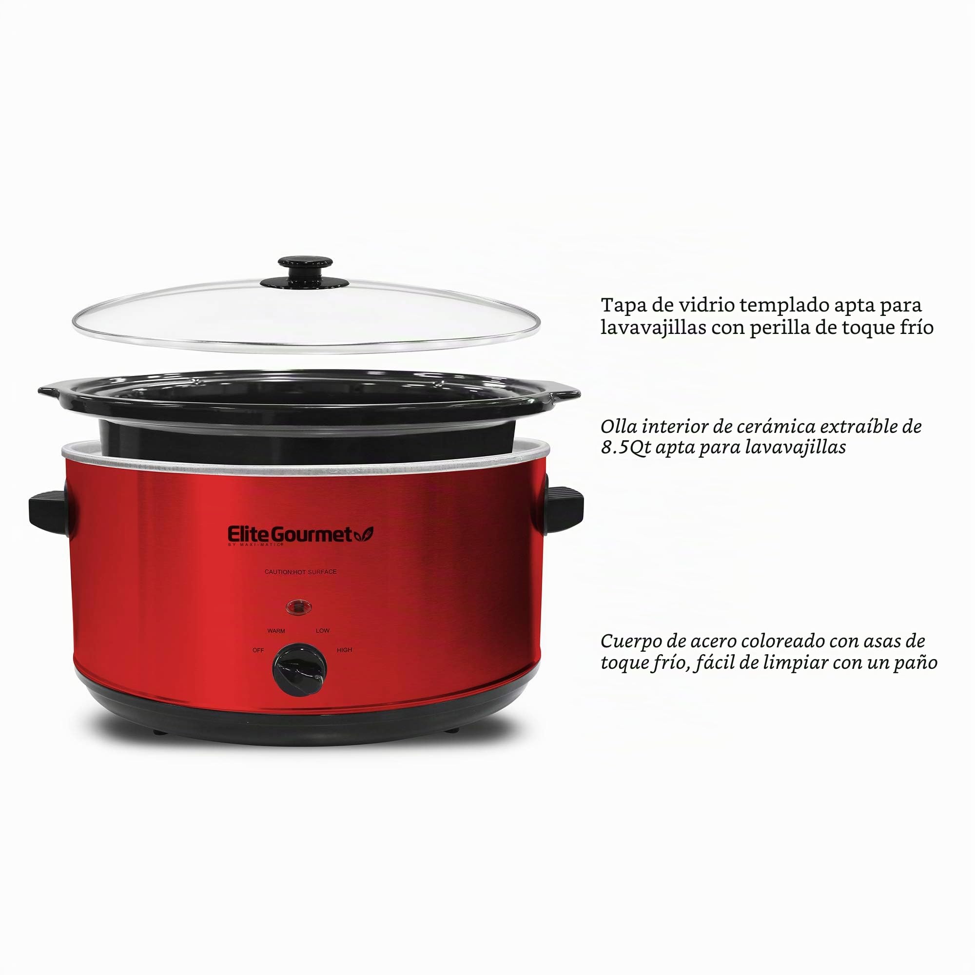 Elite Gourmet MST-900RXT Olla eléctrica de cerámica XL Jumbo, con temperatura ajustable, para platos principales, salsas, guisos y aderezos, tapa de cristal apta para lavavajillas, 8 l, rojo metálico