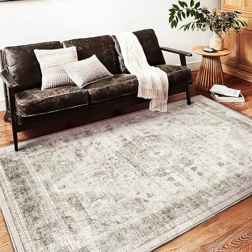 Washable Area Rug 4'x6' Floral Khaki Traditional Floor Cover Foldable Thin Rugs Retro Kitchen Indoor Distressed Non Slip Carpet Floral Print Mat Bedroom Living Room
