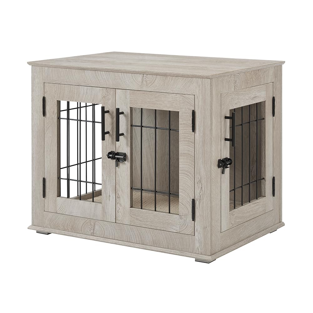 beeNbkks Furniture Style Dog Crate End Table, Double Doors Wooden Wire Dog Kennel with Pet Bed, Decorative Pet Crate Dog House Indoor Medium Large