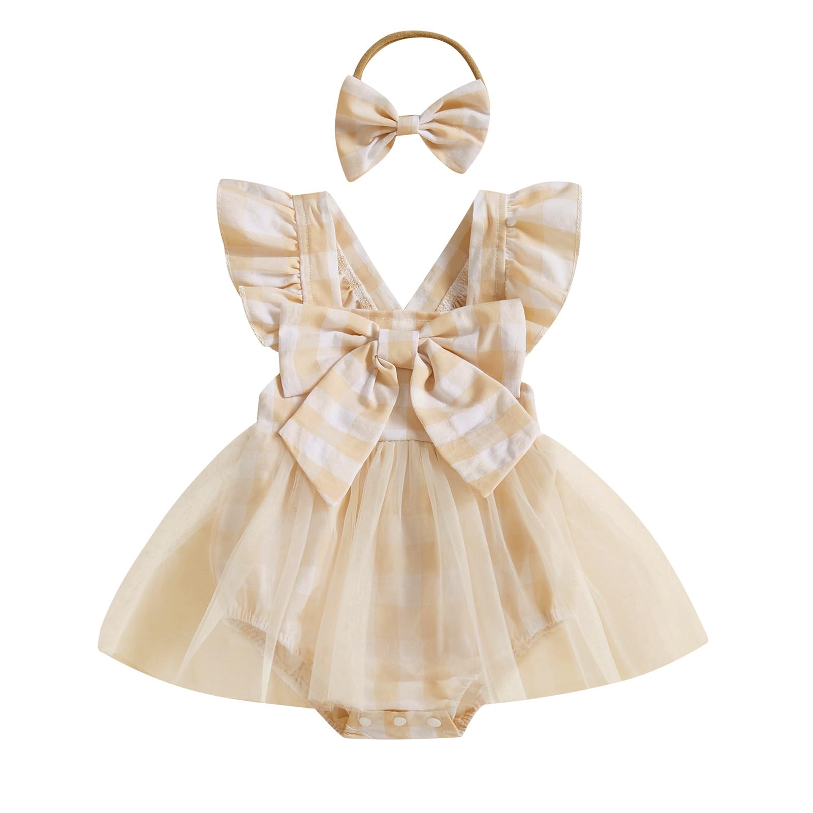 Ursobutegl Newborn Baby Girl Romper Dresses Plaid Bow Ruffle Sleeveless Backless Lace Tutu Skirted Jumpsuit Bodysuit Clothes (Apricot, 3-6 Months)