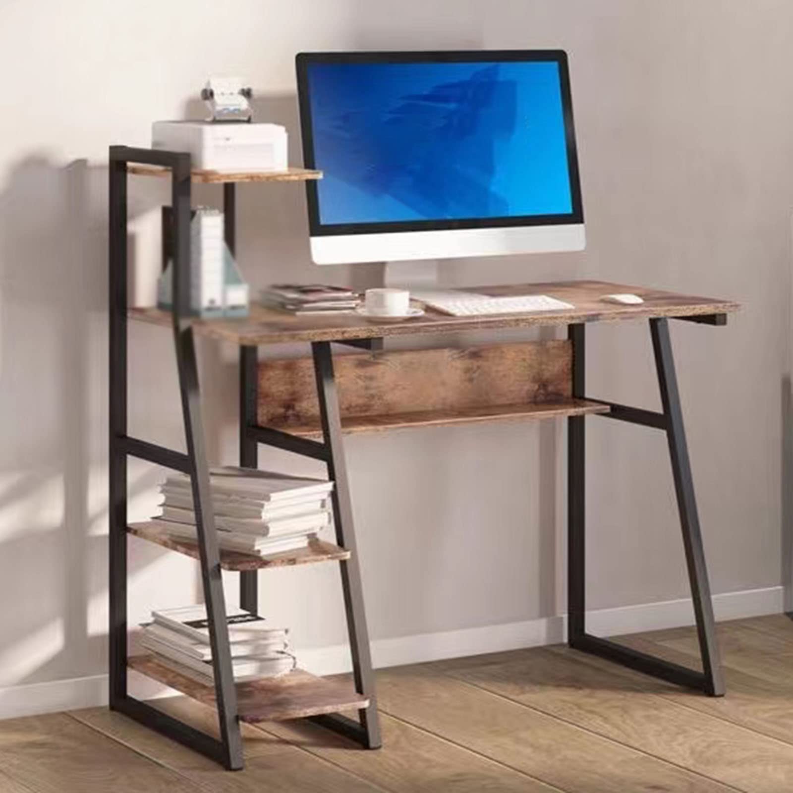 ASerZenith Desktop Computer Desk With 2 Tiers Storage Rack Writing Desk,Triangular Storage Structure Simple Writing Desk For Study Bedroom,Antique Color