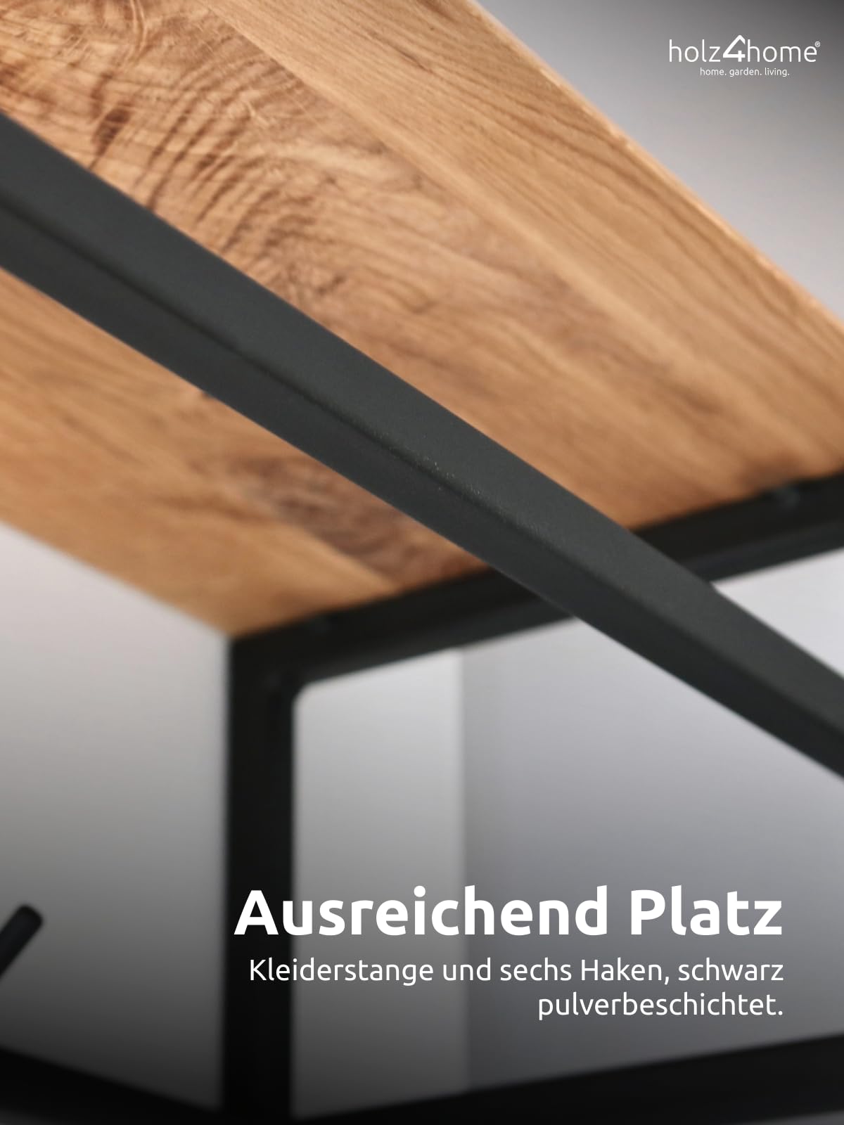 holz4home® Garderobe aus Massivholz mit Baumkante I 92x29x22cm I Naturgeölte Wandgarderobe aus Eichenholz I Metallrahmen inkl. Kleiderbügel