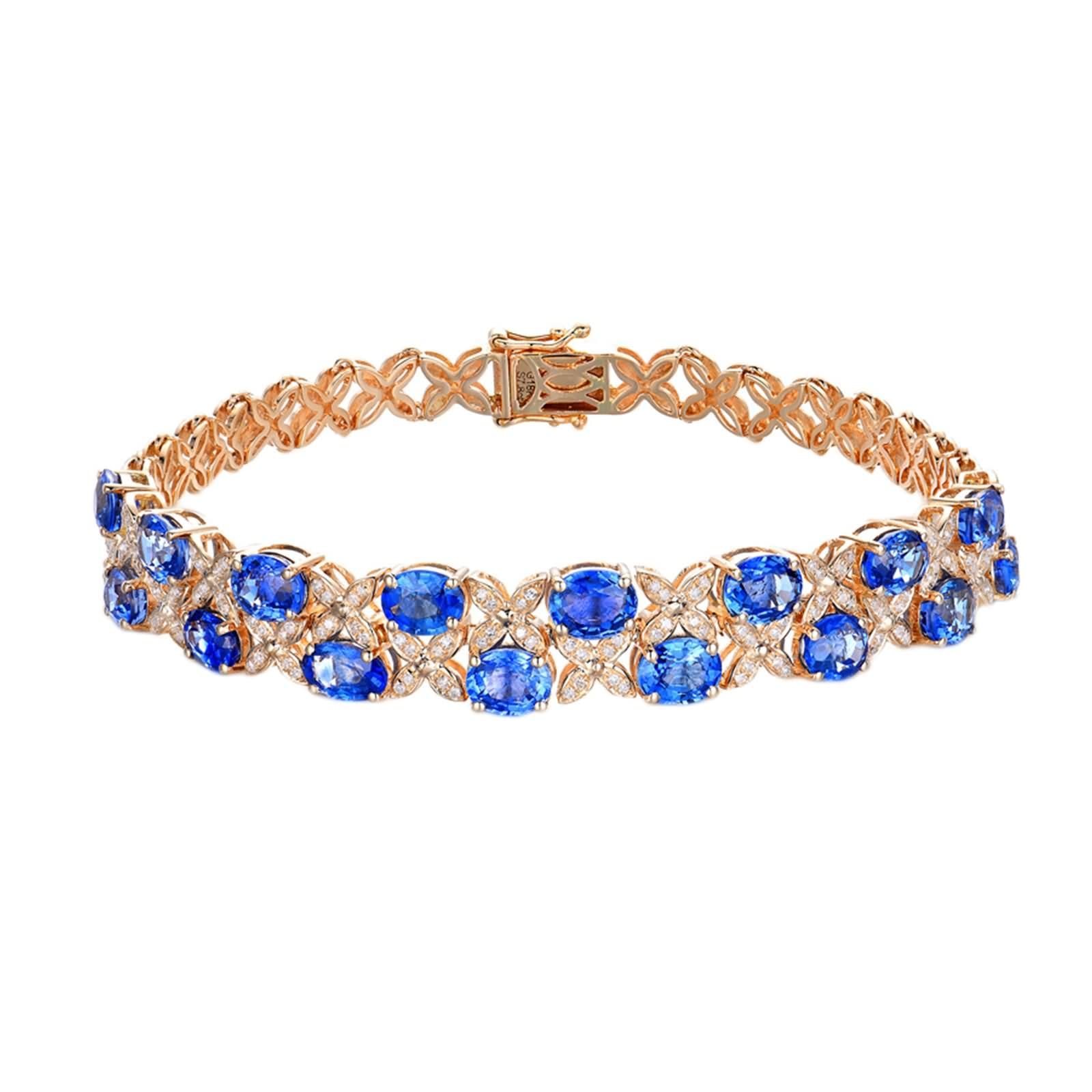 Pulsera Mujer de Oro Rosa 9 K / 14 K / 18 K, Flor y Oval con Zafiro Creado de 7,7 ct y Diamante, Cadena 16 CM, Pulseras de Mujer Oro Rosa Azul