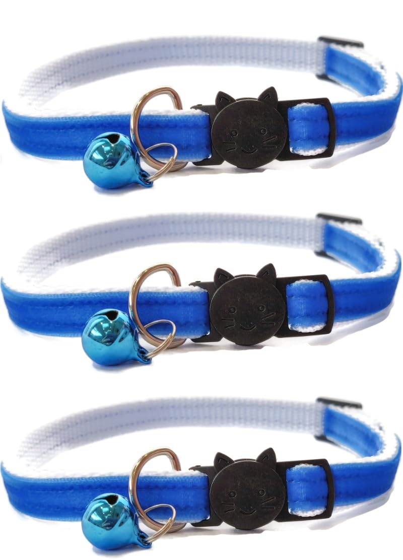 Velvet Cat Collars with Bell. Safe Breakaway Quick Release Buckle. Available in Cat & Kitten Size (Pack of 3) (Kitten Collar (15cm